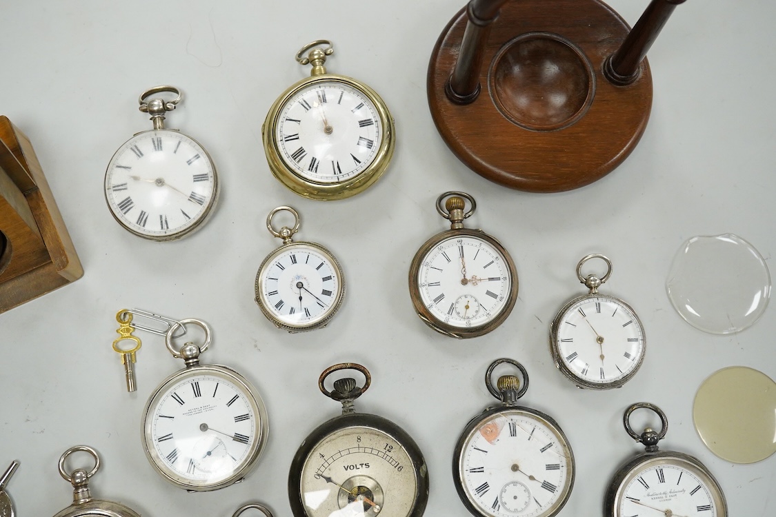 Five assorted early 20th century silver open faced fob watches, eight other continental white metal pocket and fob watches including two retailed by Kendall & Dent, four base metal pocket watches including cased Hebdomas